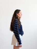 Elle Grey Georgie Navy Striped Button Front Cardigan Top