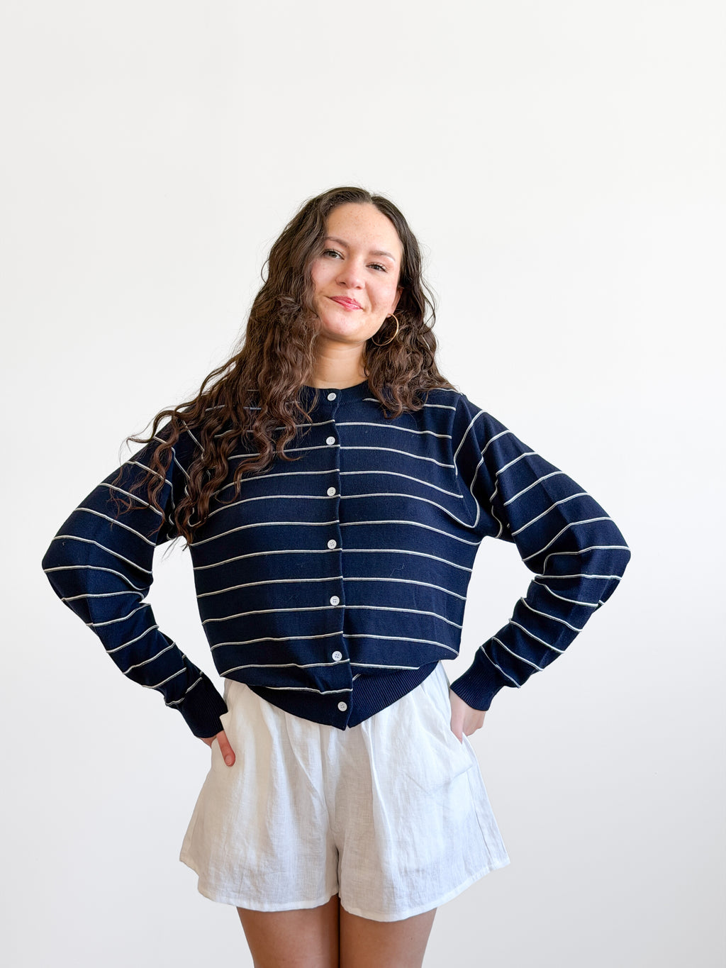 Elle Grey Georgie Navy Striped Button Front Cardigan Top