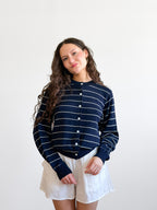 Elle Grey Georgie Navy Striped Button Front Cardigan Top