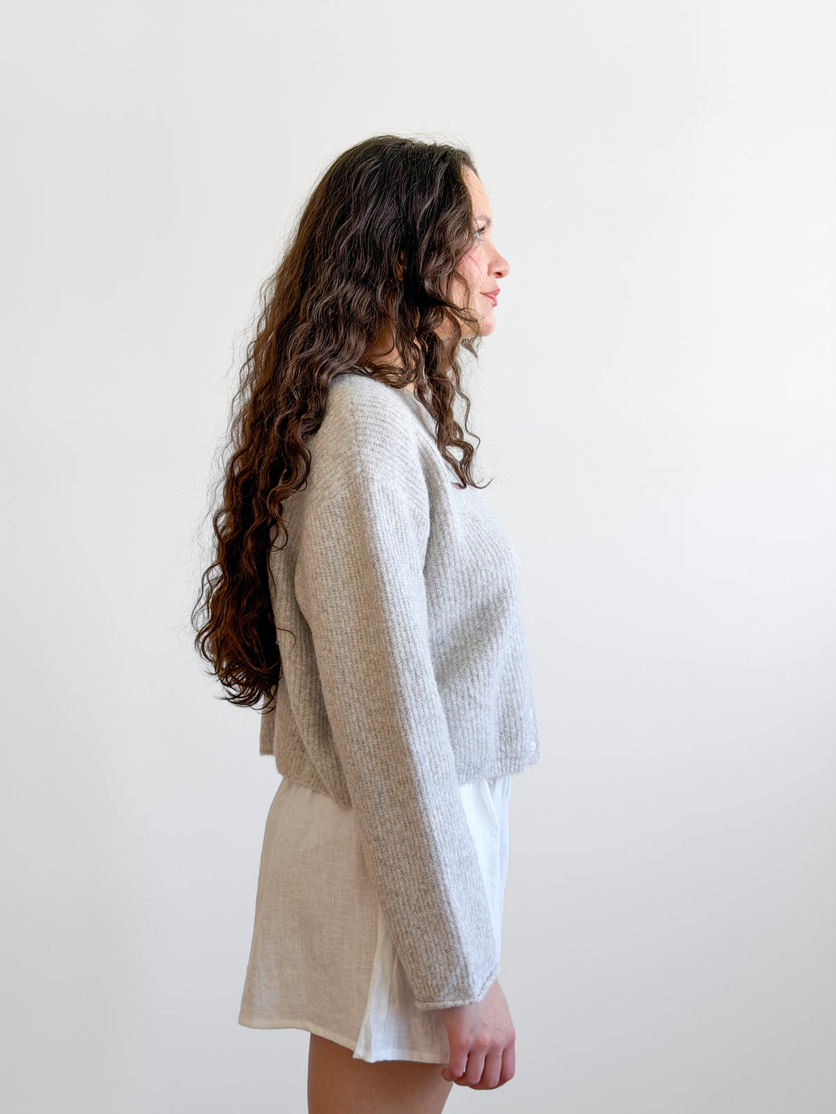 Miou Muse Wyatt Grey Fuzzy Knit Buttoned Cardigan