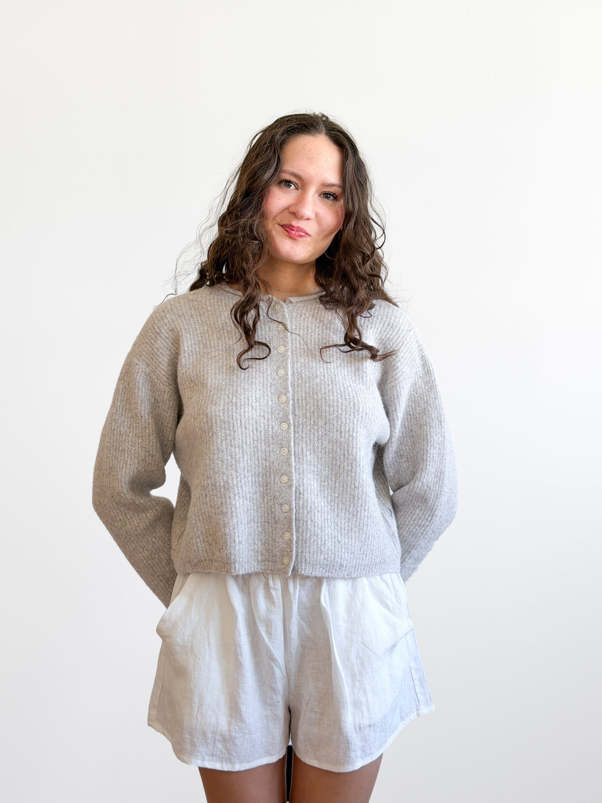 Miou Muse Wyatt Grey Fuzzy Knit Buttoned Cardigan