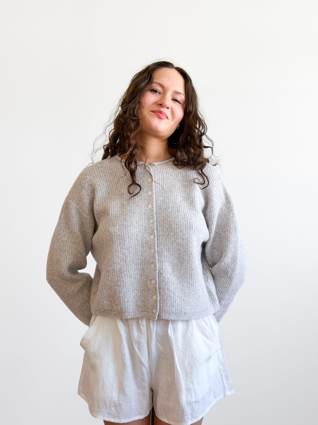 Miou Muse Wyatt Grey Fuzzy Knit Buttoned Cardigan