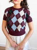 Lucy Paris Bria Burgundy Argyle Short Sleeve Knit Top