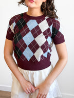 Lucy Paris Bria Burgundy Argyle Short Sleeve Knit Top