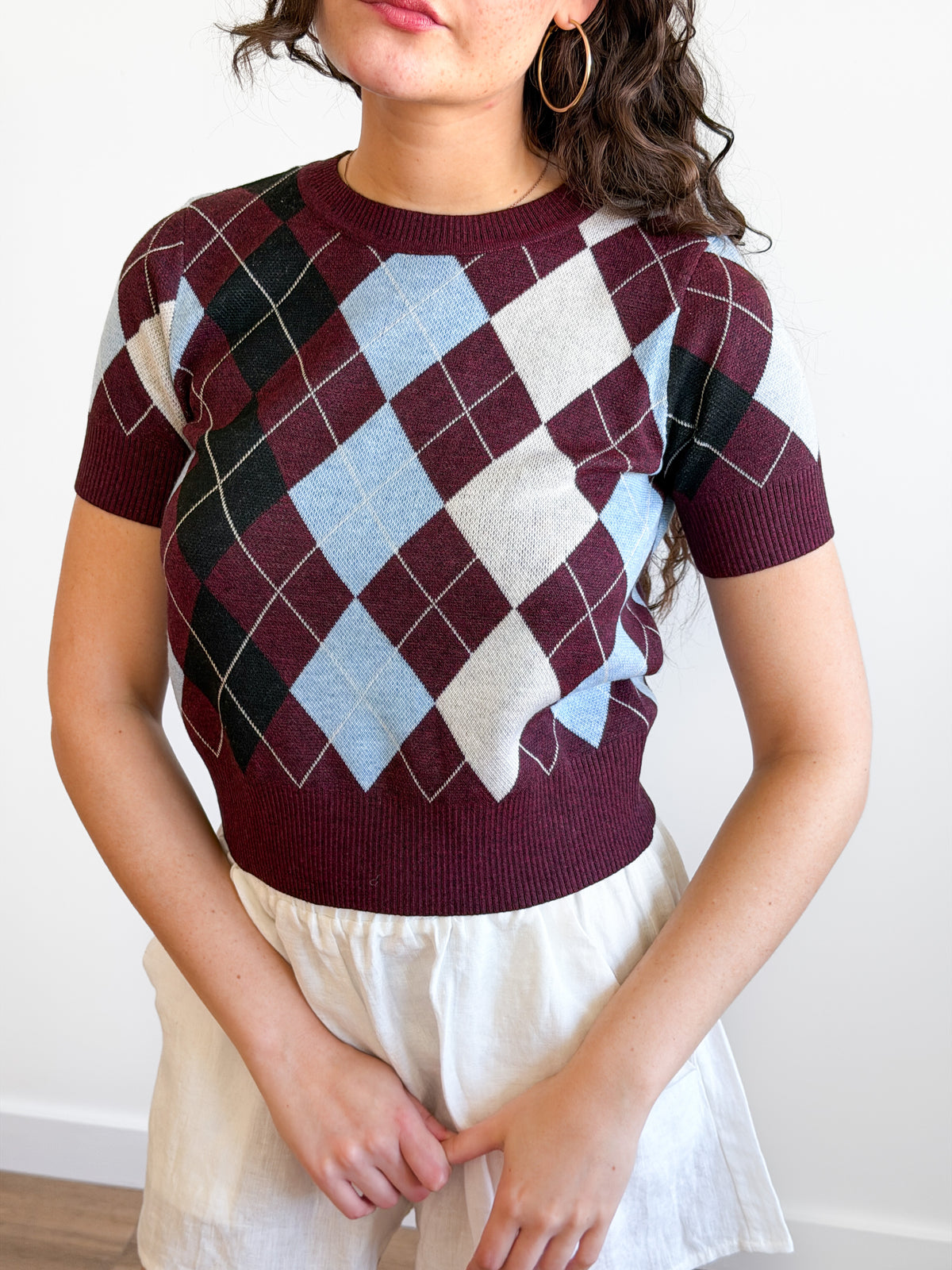 Lucy Paris Bria Burgundy Argyle Short Sleeve Knit Top