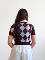 Lucy Paris Bria Burgundy Argyle Short Sleeve Knit Top