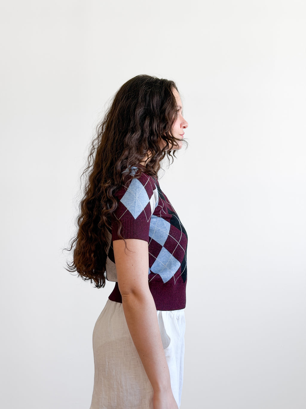 Lucy Paris Bria Burgundy Argyle Short Sleeve Knit Top