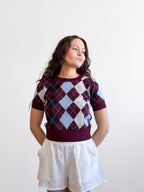Lucy Paris Bria Burgundy Argyle Short Sleeve Knit Top