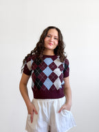 Lucy Paris Bria Burgundy Argyle Short Sleeve Knit Top