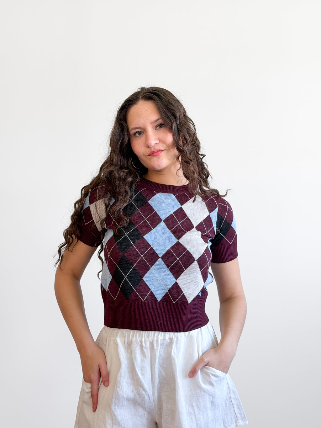 Lucy Paris Bria Burgundy Argyle Short Sleeve Knit Top