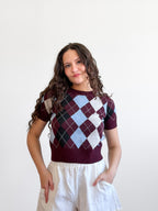Lucy Paris Bria Burgundy Argyle Short Sleeve Knit Top