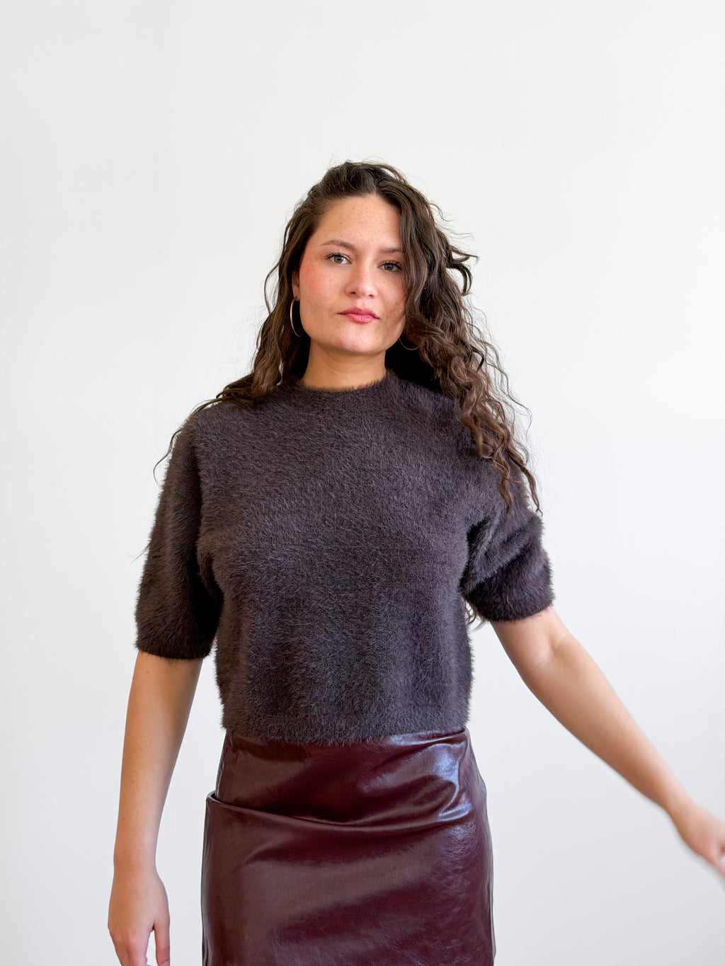 Miou Muse Ganni Faux Fur Cropped Sweater Top (Brown)