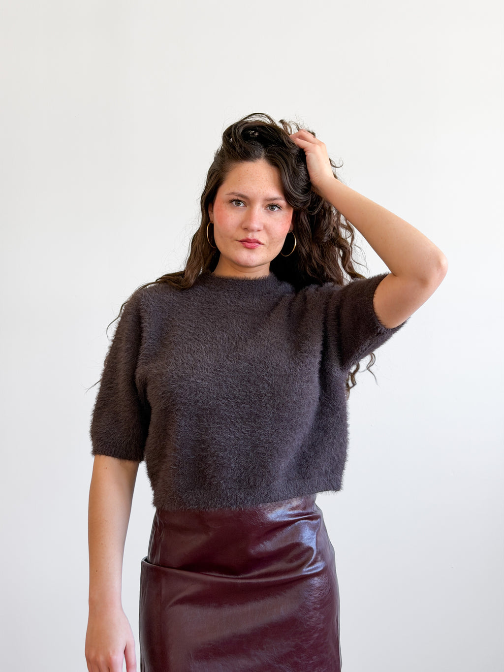 Miou Muse Ganni Faux Fur Cropped Sweater Top (Brown)