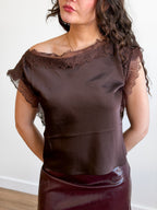 Lucy Paris Chris Lace Trim Satin Boatneck Top (Brown)