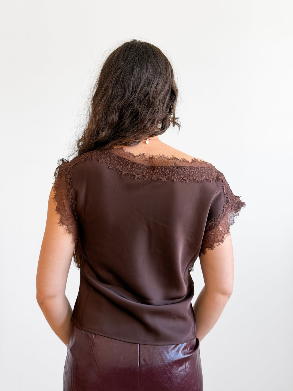 Lucy Paris Chris Lace Trim Satin Boatneck Top (Brown)