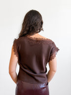 Lucy Paris Chris Lace Trim Satin Boatneck Top (Brown)