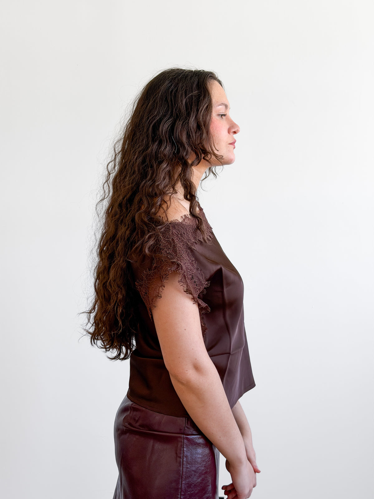 Lucy Paris Chris Lace Trim Satin Boatneck Top (Brown)