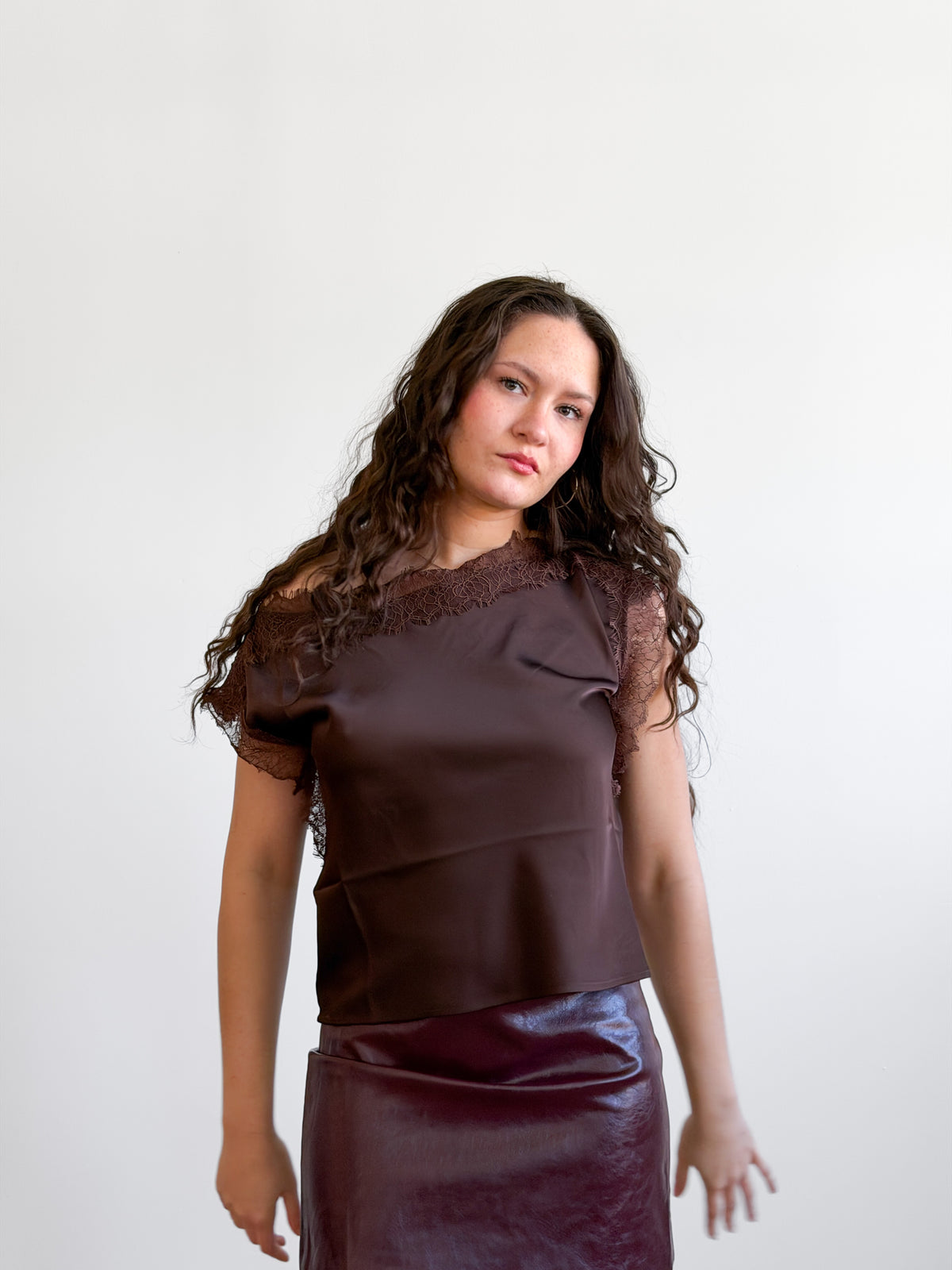 Lucy Paris Chris Lace Trim Satin Boatneck Top (Brown)