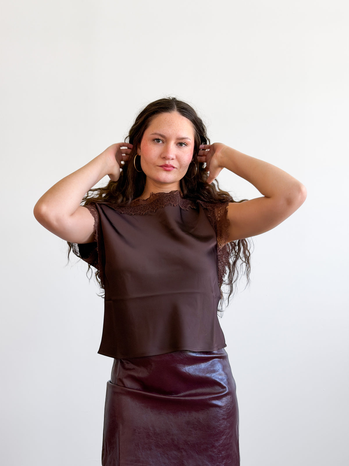 Lucy Paris Chris Lace Trim Satin Boatneck Top (Brown)