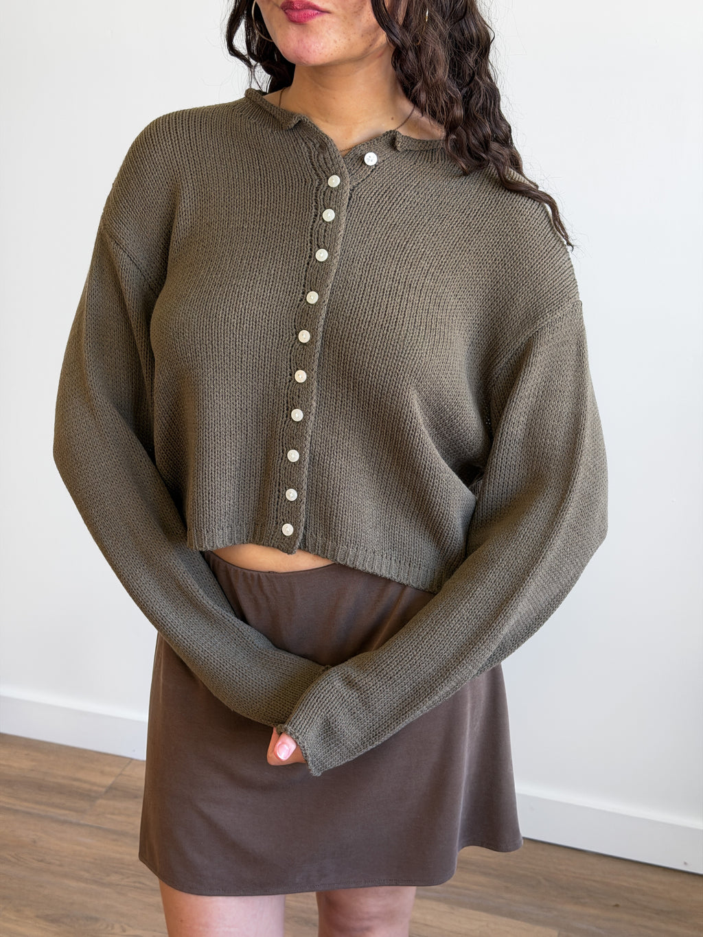 Miou Muse Wyatt Olive Green Woven Knit Buttoned Cardigan
