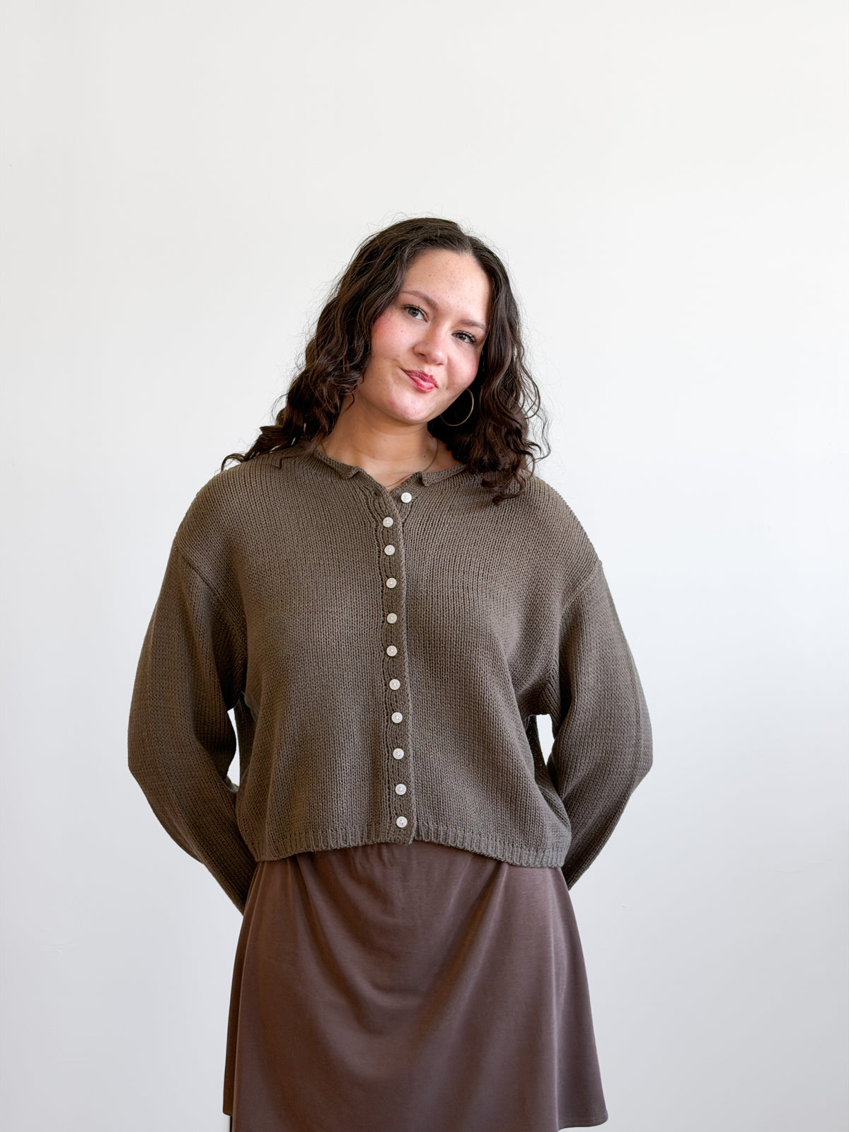 Miou Muse Wyatt Olive Green Woven Knit Buttoned Cardigan