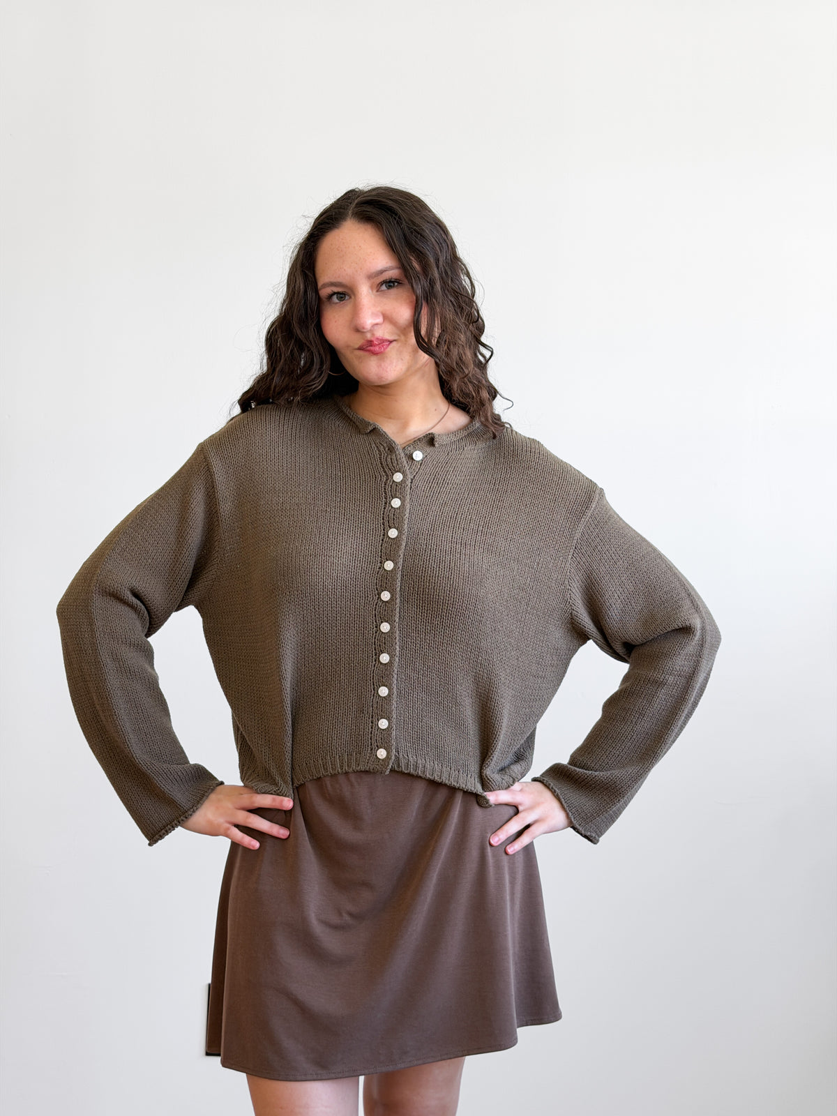 Miou Muse Wyatt Olive Green Woven Knit Buttoned Cardigan