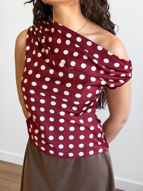 Lucy Paris Bobbie Red Polka Dot Cowl Neck Satin Top