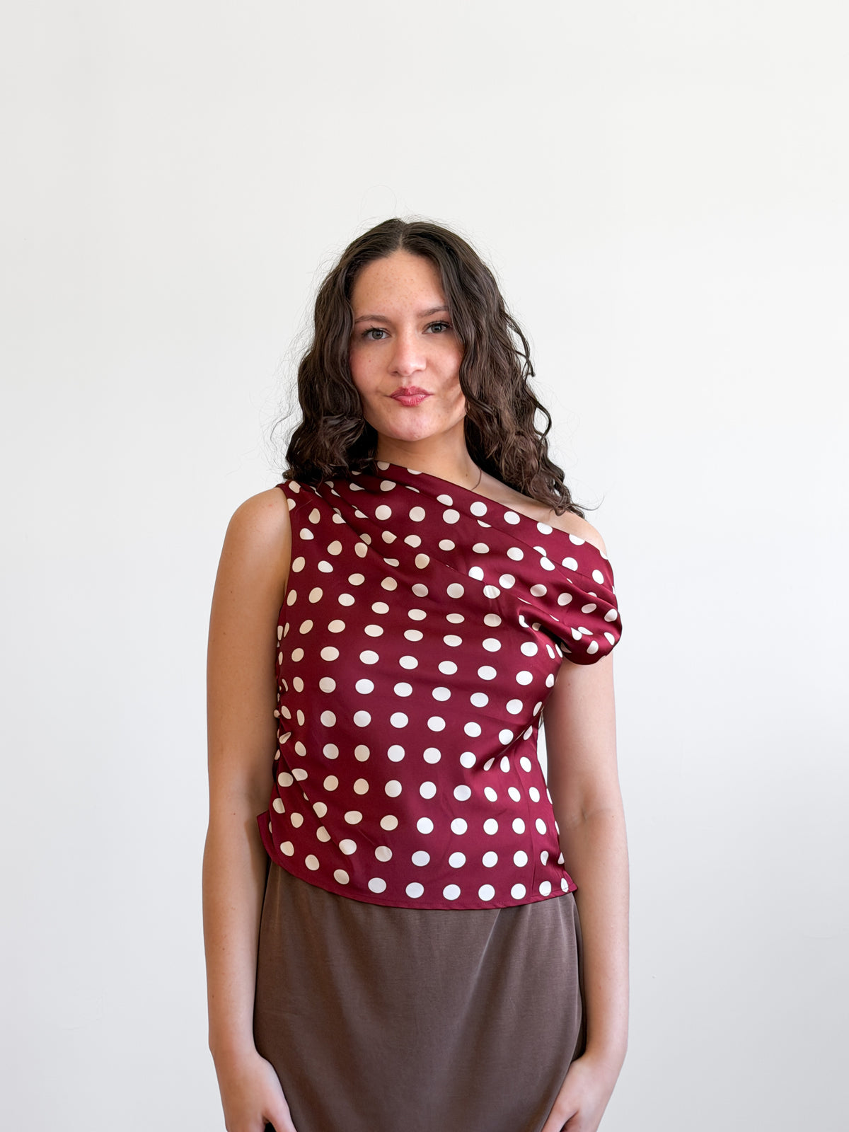 Lucy Paris Bobbie Red Polka Dot Cowl Neck Satin Top