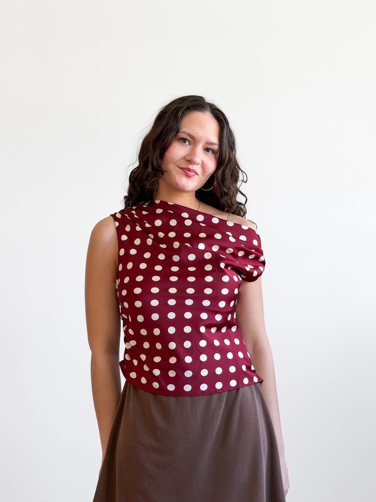 Lucy Paris Bobbie Red Polka Dot Cowl Neck Satin Top