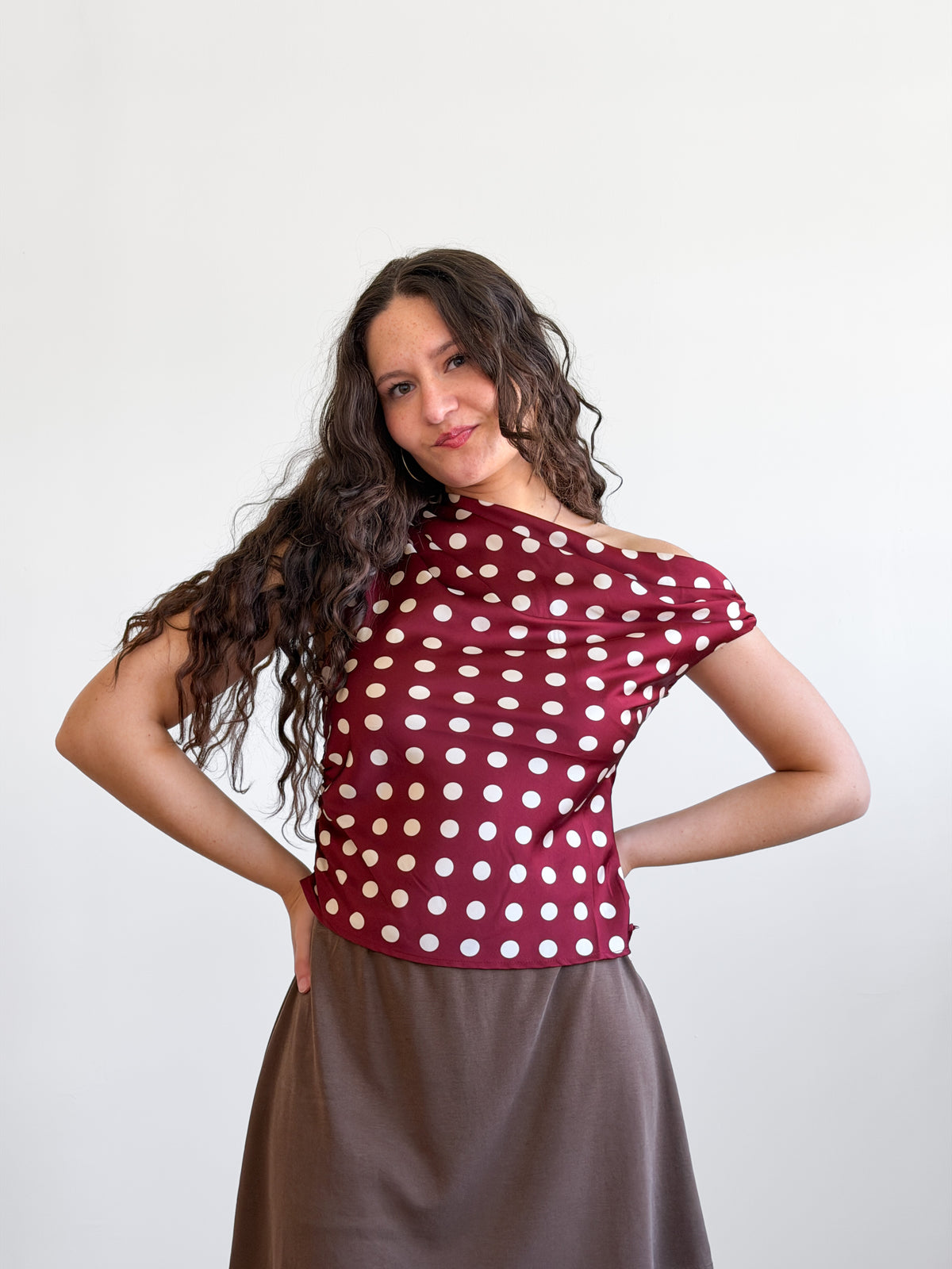 Lucy Paris Bobbie Red Polka Dot Cowl Neck Satin Top