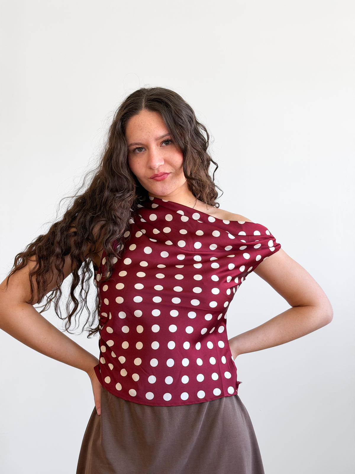 Lucy Paris Bobbie Red Polka Dot Cowl Neck Satin Top