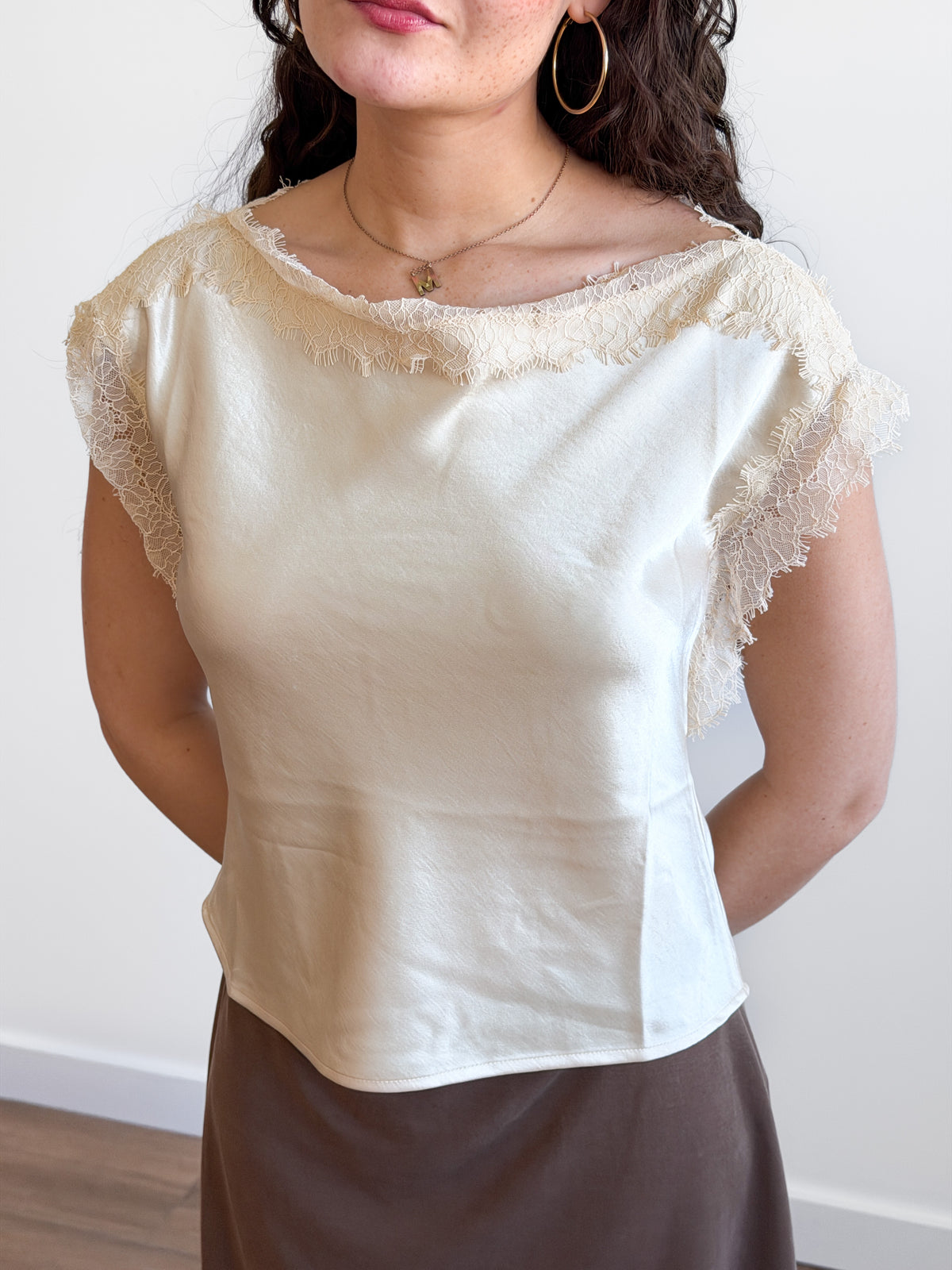 Lucy Paris Chris Lace Trim Satin Boatneck Top (Cream)