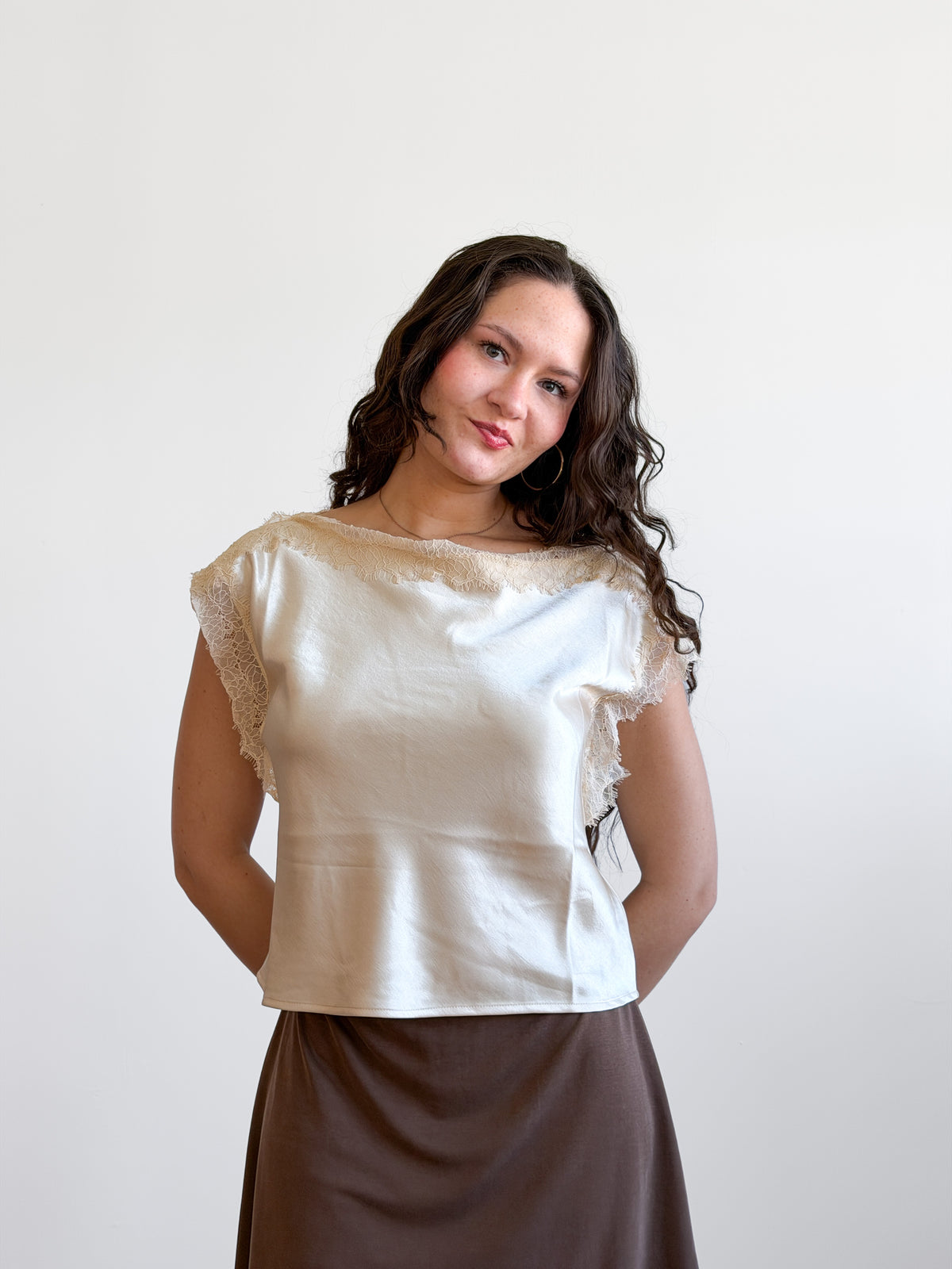 Lucy Paris Chris Lace Trim Satin Boatneck Top (Cream)