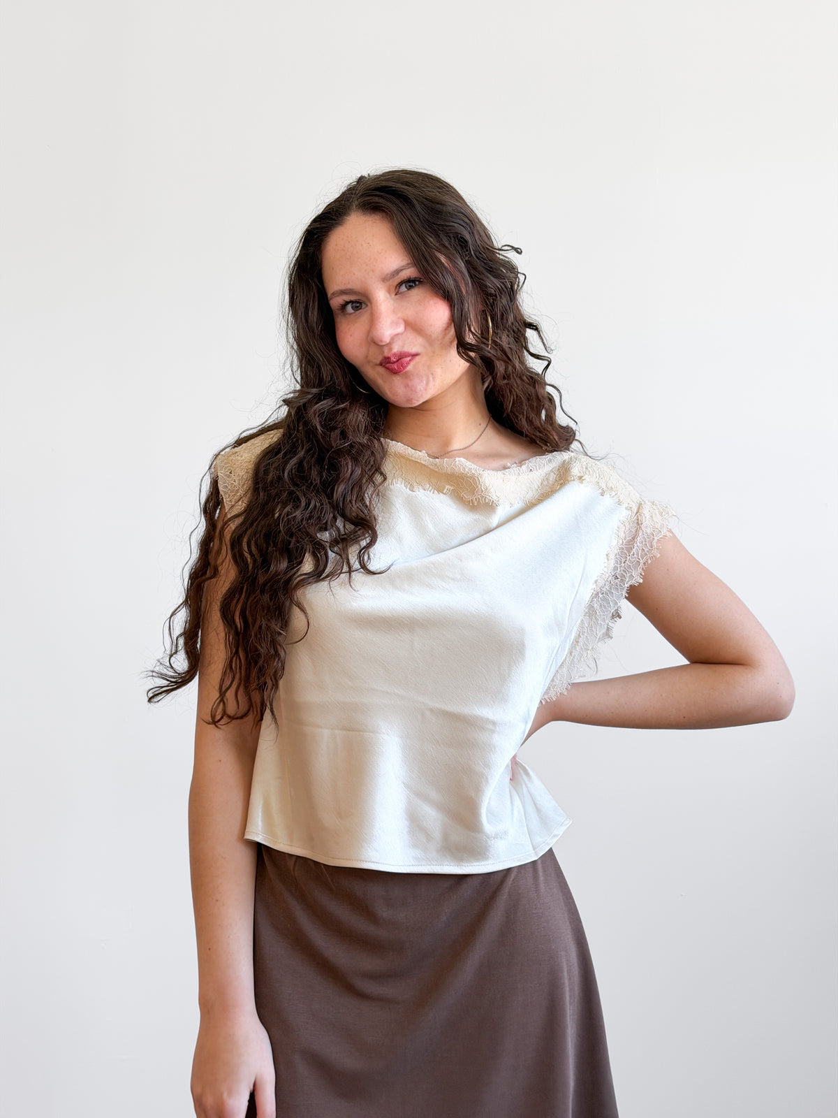 Lucy Paris Chris Lace Trim Satin Boatneck Top (Cream)
