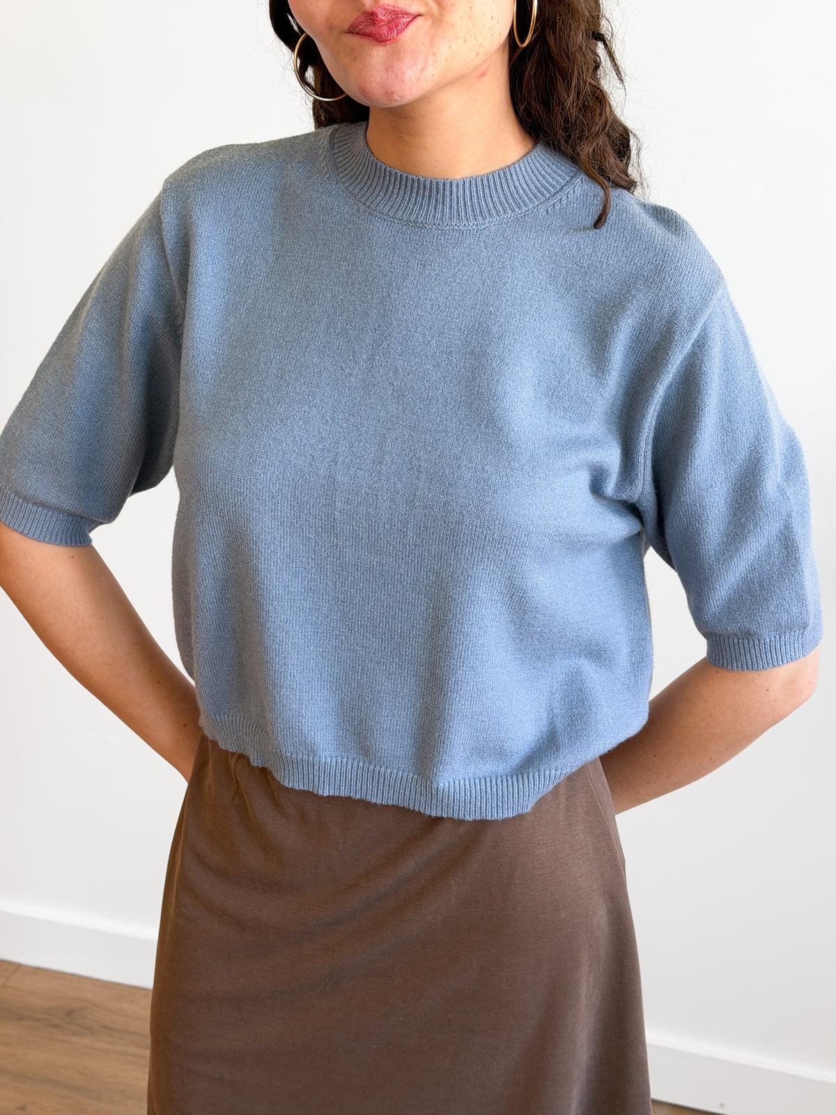 Miou Muse Gabby Dusty Blue Short Sleeve Knit Top