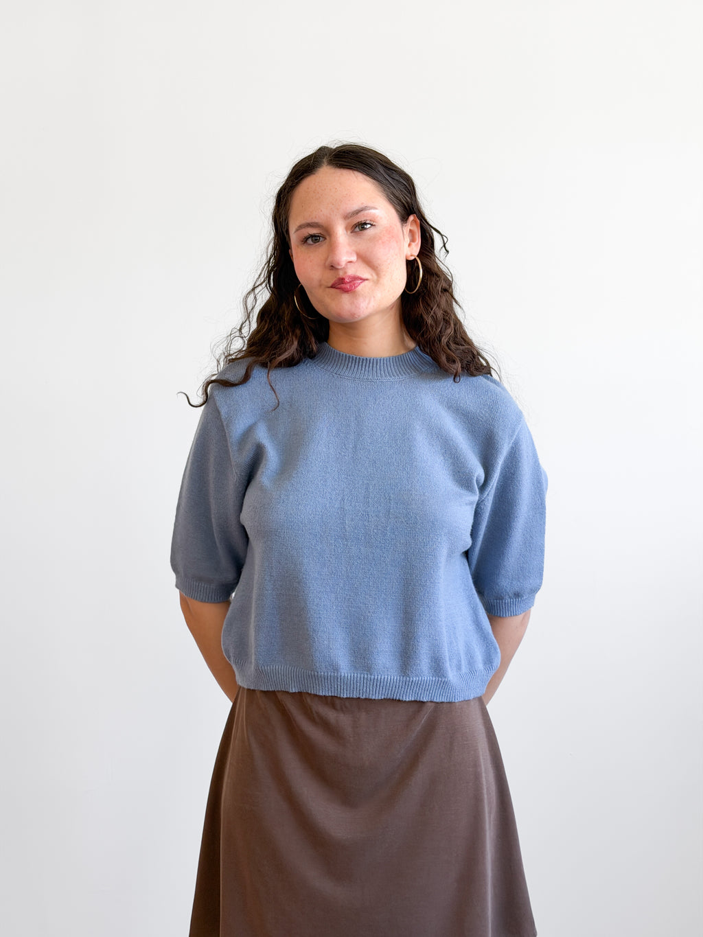 Miou Muse Gabby Dusty Blue Short Sleeve Knit Top