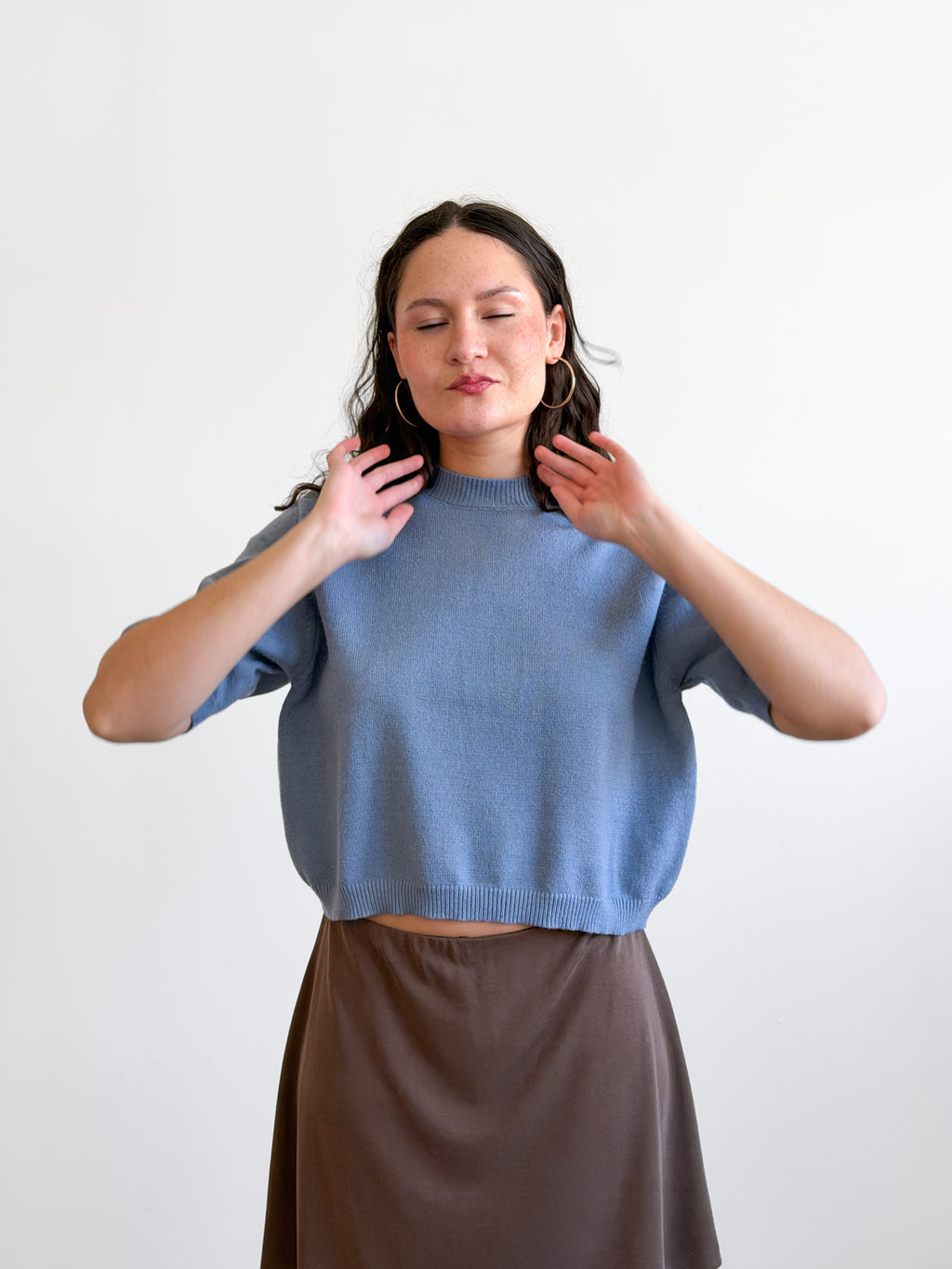 Miou Muse Gabby Dusty Blue Short Sleeve Knit Top