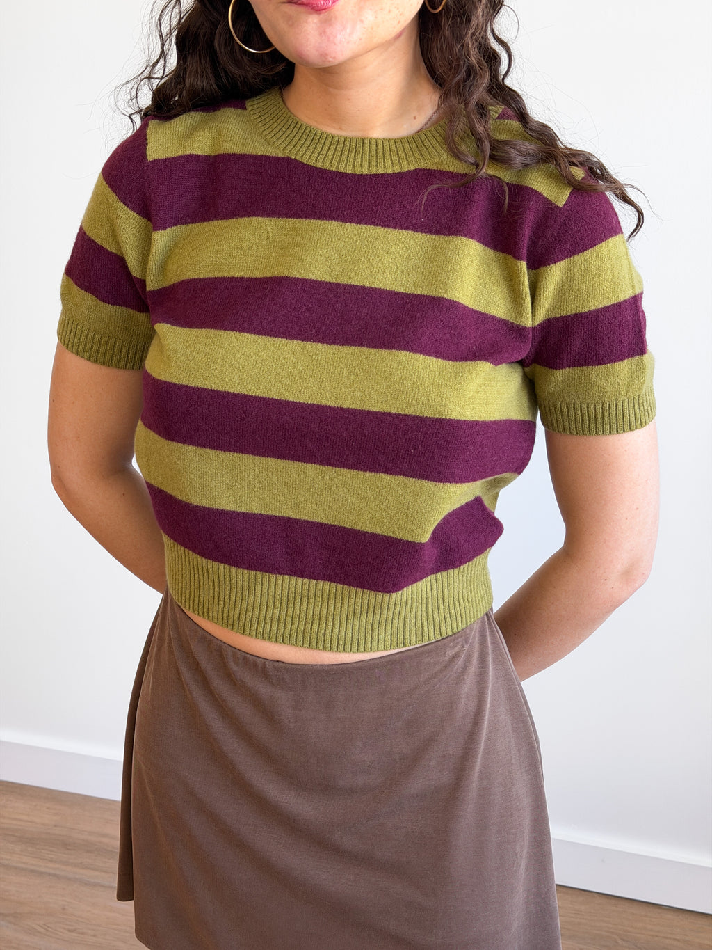Lucy Paris Robbie Green and Plum Striped Short Sleeve Wool Top