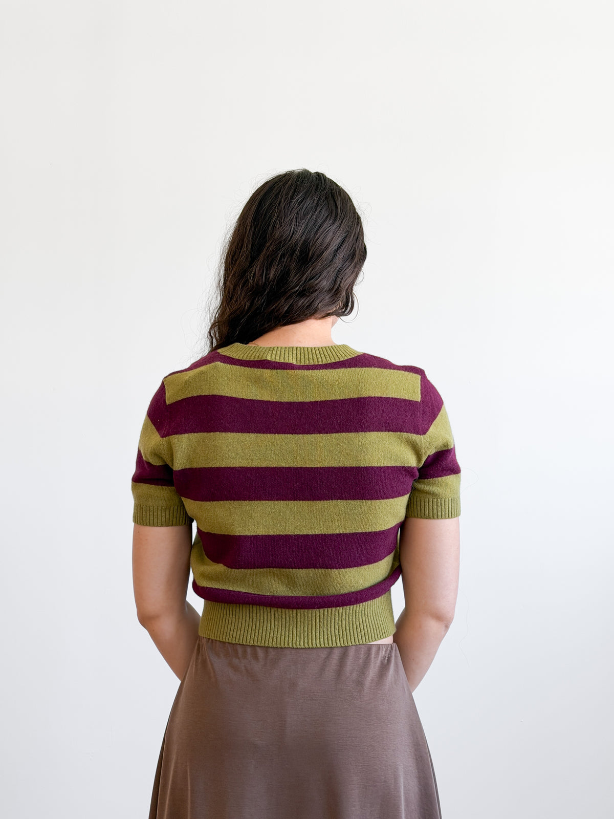Lucy Paris Robbie Green and Plum Striped Short Sleeve Wool Top