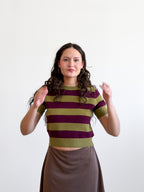 Lucy Paris Robbie Green and Plum Striped Short Sleeve Wool Top