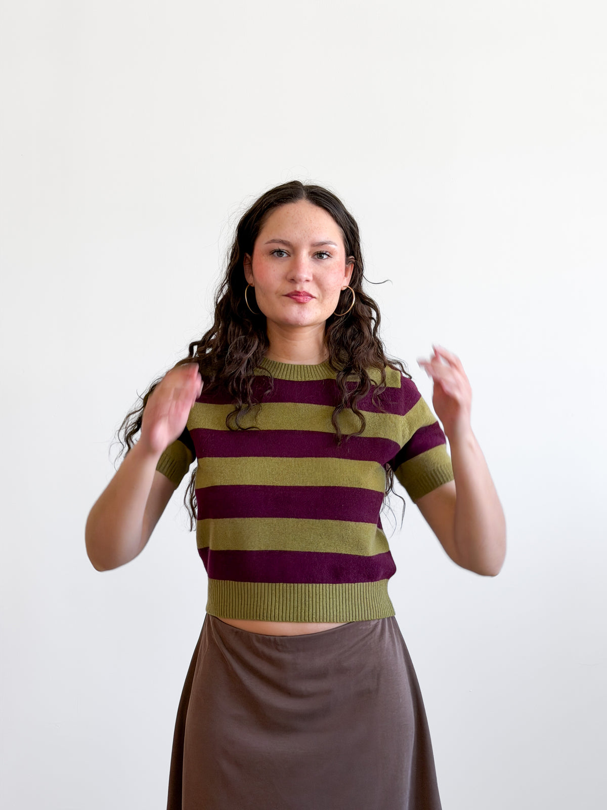 Lucy Paris Robbie Green and Plum Striped Short Sleeve Wool Top