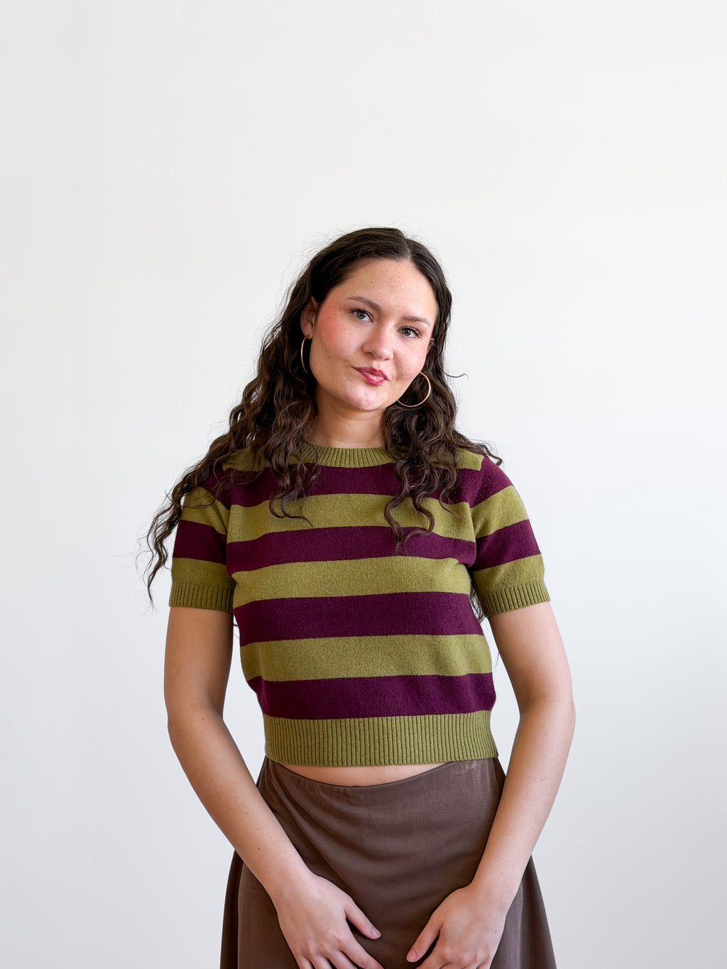 Lucy Paris Robbie Green and Plum Striped Short Sleeve Wool Top