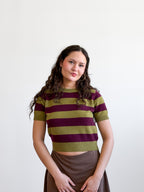 Lucy Paris Robbie Green and Plum Striped Short Sleeve Wool Top