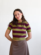 Lucy Paris Robbie Green and Plum Striped Short Sleeve Wool Top