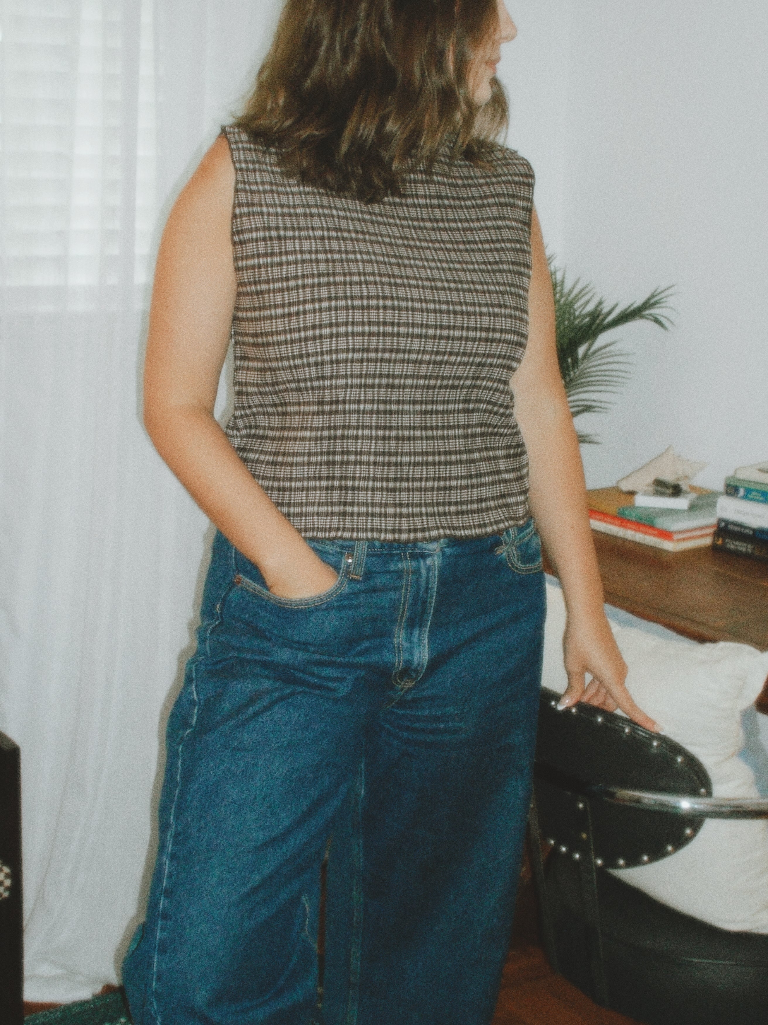 James Brown and Cream Plaid High Neck Crinkle Top