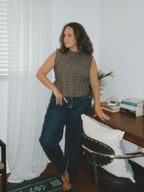 James Brown and Cream Plaid High Neck Crinkle Top