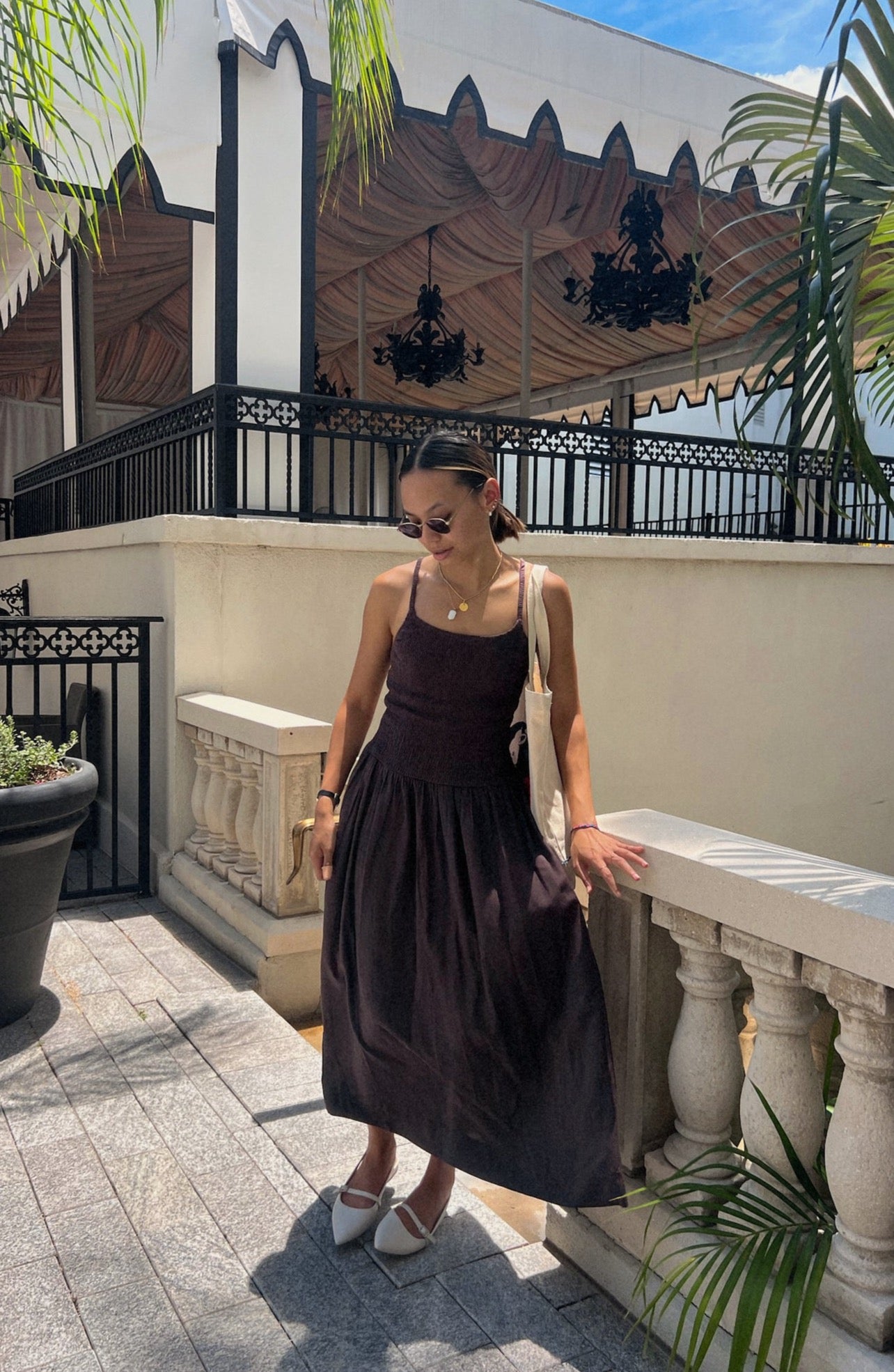 Marcella Chestnut Linen Smocked Midi Dress (M)