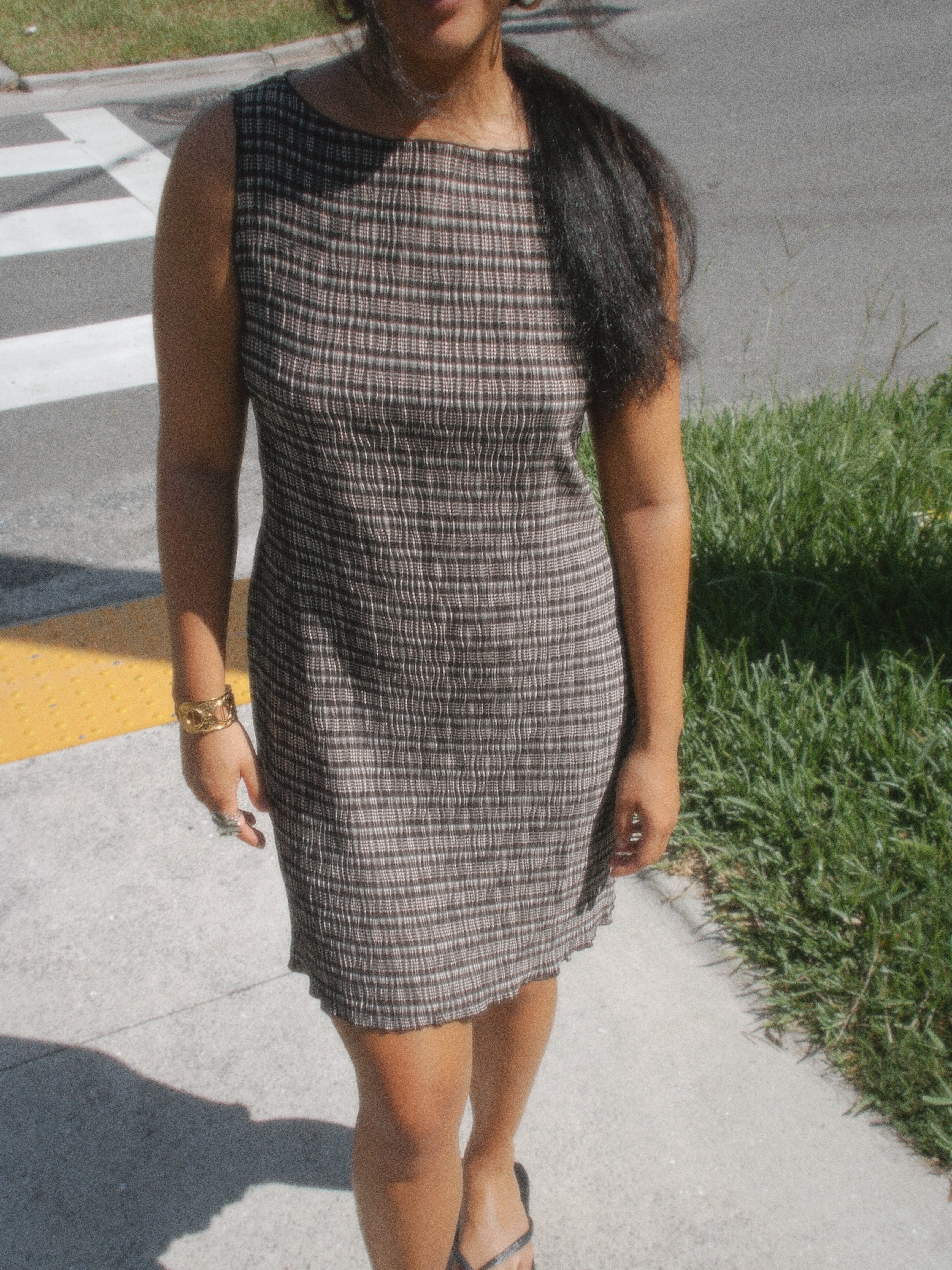 James Brown and Cream Plaid High Neck Mini Dress