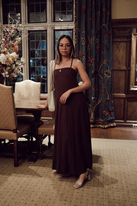 FRNCH Anella Chocolate Linen Sleeveless Maxi Dress (L)