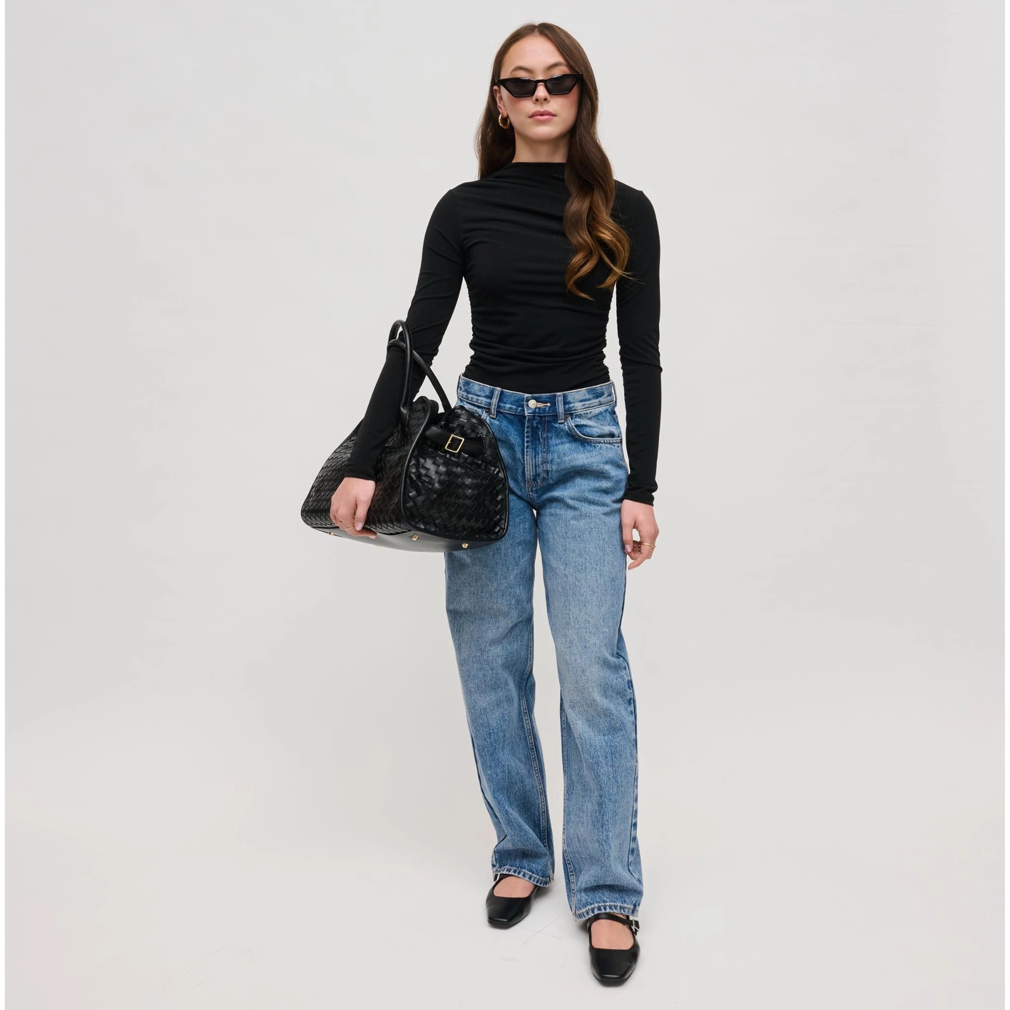 Rhonda Black Woven Basketweave Top Handle Tote